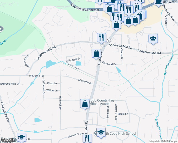 map of restaurants, bars, coffee shops, grocery stores, and more near 1956 Drennon Avenue in Austell