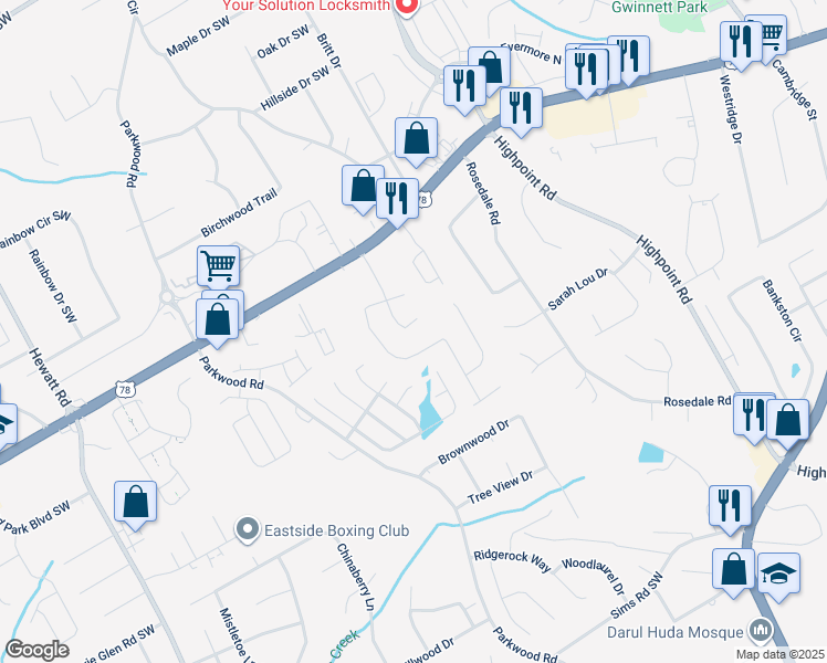 map of restaurants, bars, coffee shops, grocery stores, and more near 2361 Georgia Lane in Snellville
