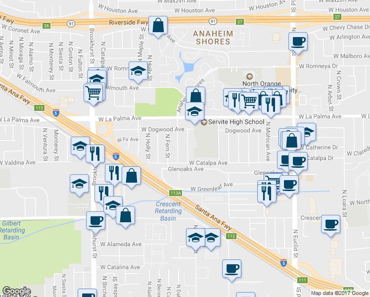 map of restaurants, bars, coffee shops, grocery stores, and more near 925 North Keystone Street in Anaheim