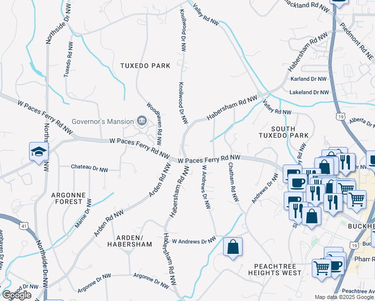 map of restaurants, bars, coffee shops, grocery stores, and more near 3281 Habersham Road Northwest in Atlanta