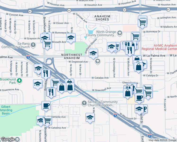 map of restaurants, bars, coffee shops, grocery stores, and more near 925 North Keystone Street in Anaheim