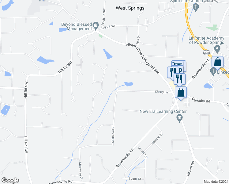 map of restaurants, bars, coffee shops, grocery stores, and more near 5333 Muirwood Place in Powder Springs