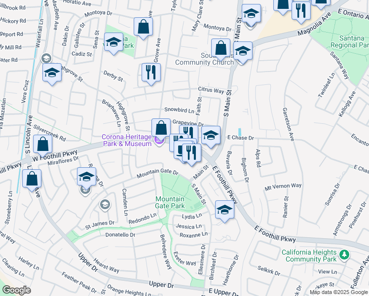 map of restaurants, bars, coffee shops, grocery stores, and more near 330 West Foothill Parkway in Corona