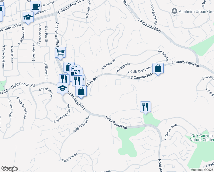 map of restaurants, bars, coffee shops, grocery stores, and more near 570 Paseo Lucero in Anaheim