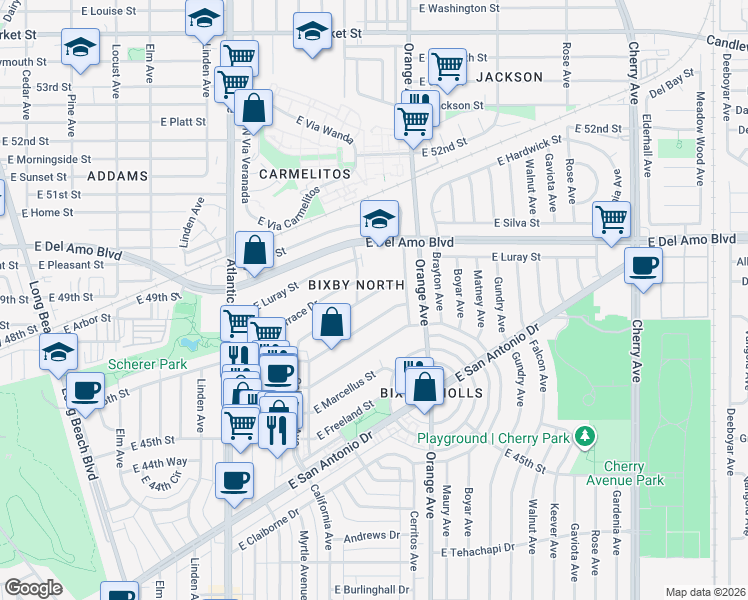 map of restaurants, bars, coffee shops, grocery stores, and more near 1124 East Ridgewood Street in Long Beach