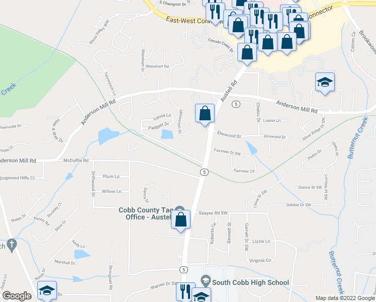 map of restaurants, bars, coffee shops, grocery stores, and more near 1956 Drennon Avenue in Austell
