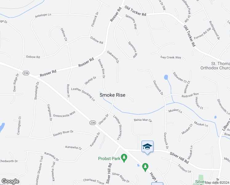 map of restaurants, bars, coffee shops, grocery stores, and more near 5474 Smoke Rise Drive in Stone Mountain