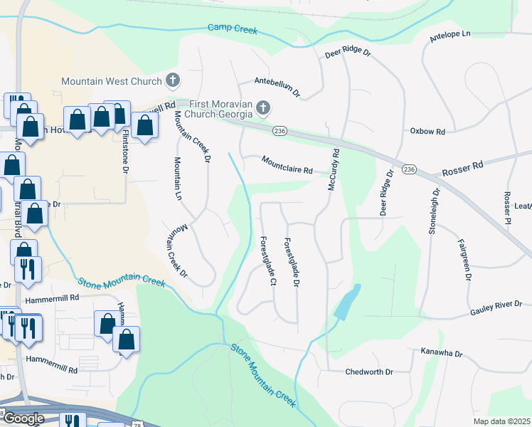 map of restaurants, bars, coffee shops, grocery stores, and more near 4930 Forestglade Court in Stone Mountain