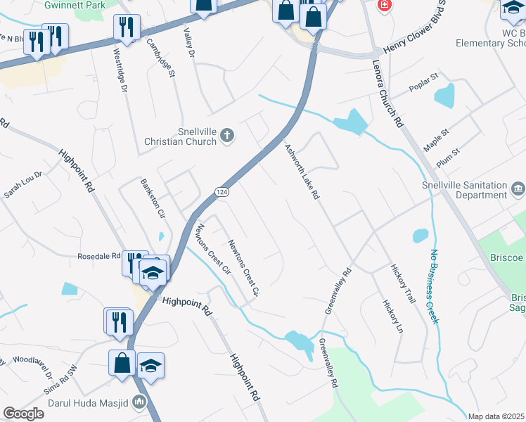map of restaurants, bars, coffee shops, grocery stores, and more near 2556 Pamela Drive Southwest in Snellville