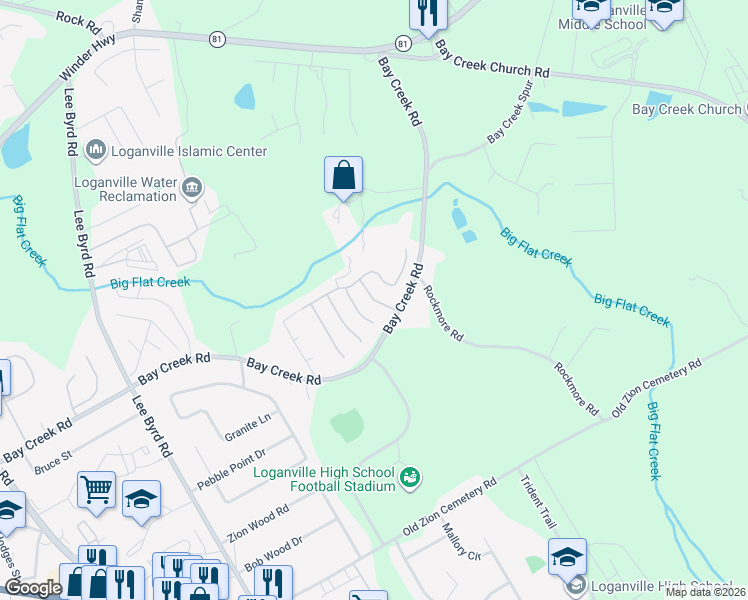 map of restaurants, bars, coffee shops, grocery stores, and more near Golden Isles Drive in Loganville