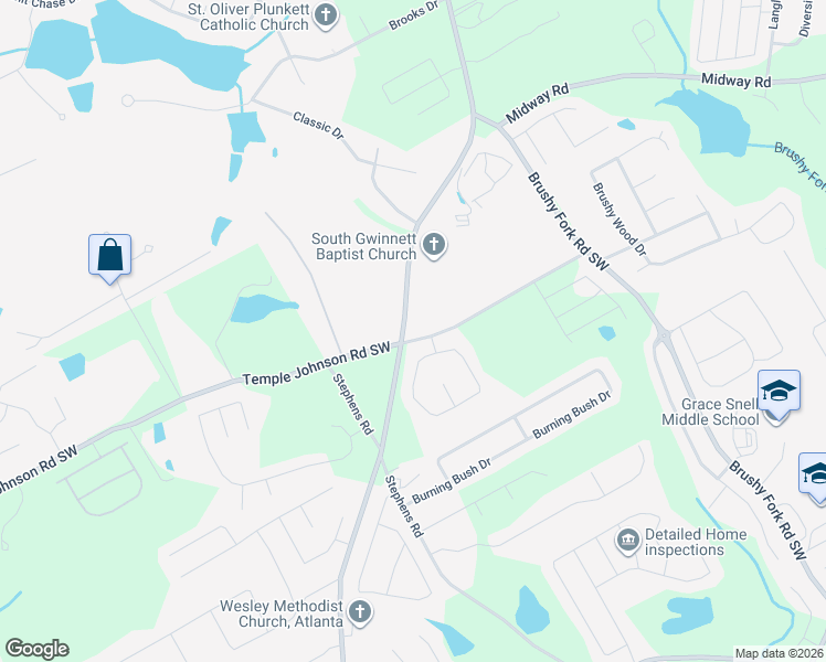 map of restaurants, bars, coffee shops, grocery stores, and more near 1428 Rosebud Road Southwest in Snellville