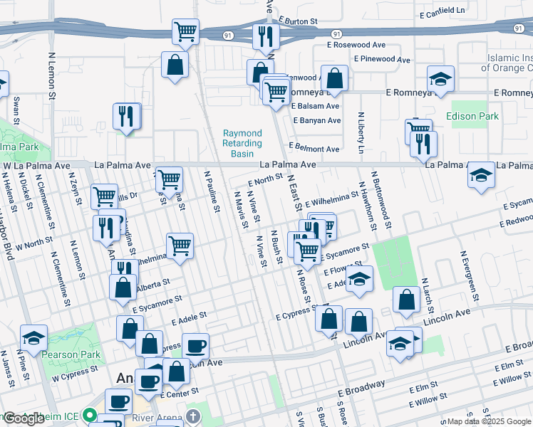 map of restaurants, bars, coffee shops, grocery stores, and more near 715 North Bush Street in Anaheim