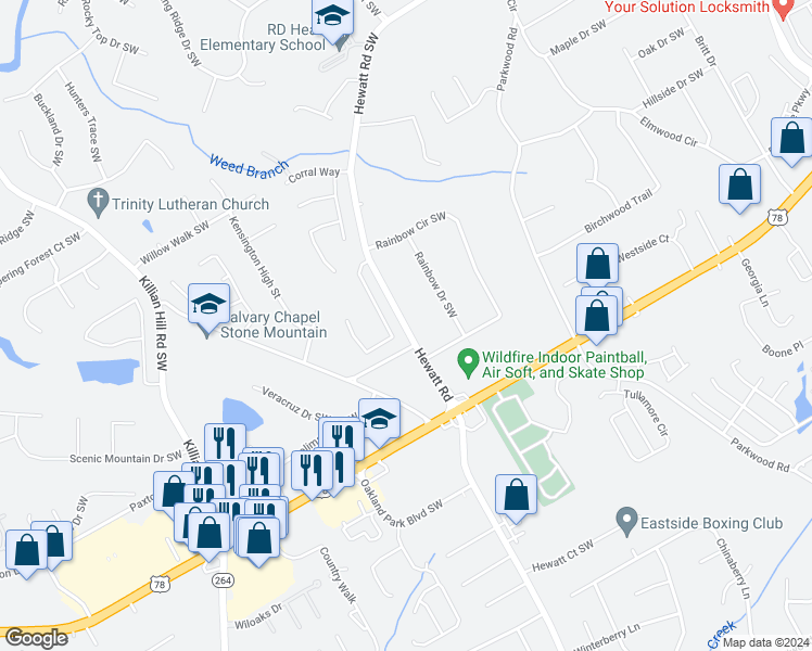map of restaurants, bars, coffee shops, grocery stores, and more near 2078 Hewatt Road Southwest in Lilburn