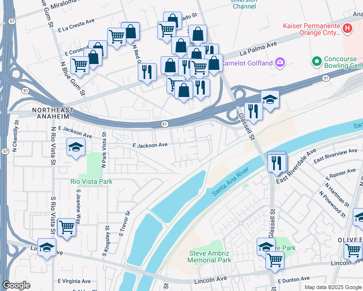 map of restaurants, bars, coffee shops, grocery stores, and more near 408 North Vía Roma in Anaheim