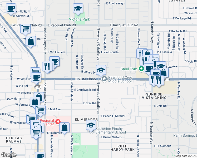 map of restaurants, bars, coffee shops, grocery stores, and more near E Vista Chino & N Avenida Caballeros in Palm Springs