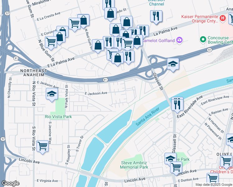map of restaurants, bars, coffee shops, grocery stores, and more near 408 North Vía Roma in Anaheim