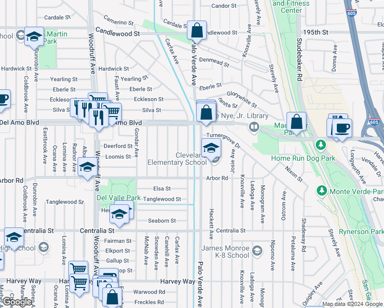 map of restaurants, bars, coffee shops, grocery stores, and more near 4756 Conquista Avenue in Lakewood