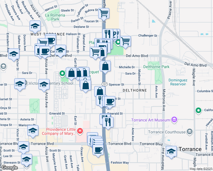 map of restaurants, bars, coffee shops, grocery stores, and more near 20522 Hawthorne Boulevard in Torrance