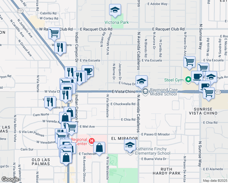 map of restaurants, bars, coffee shops, grocery stores, and more near 600 East Cottonwood Road in Palm Springs