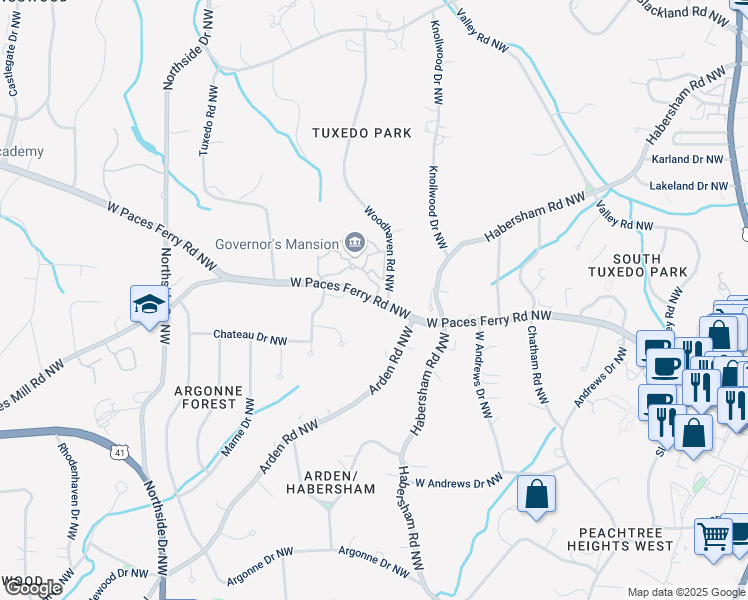 map of restaurants, bars, coffee shops, grocery stores, and more near West Paces Ferry Road Northwest in Atlanta