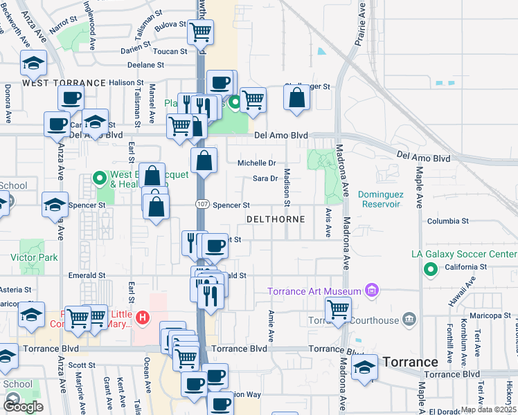 map of restaurants, bars, coffee shops, grocery stores, and more near 3620 Spencer Street in Torrance