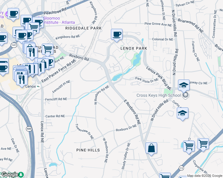 map of restaurants, bars, coffee shops, grocery stores, and more near 2110 East Roxboro Road Northeast in Atlanta