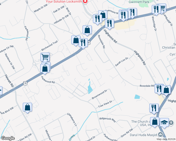 map of restaurants, bars, coffee shops, grocery stores, and more near 2371 Georgia Lane in Snellville