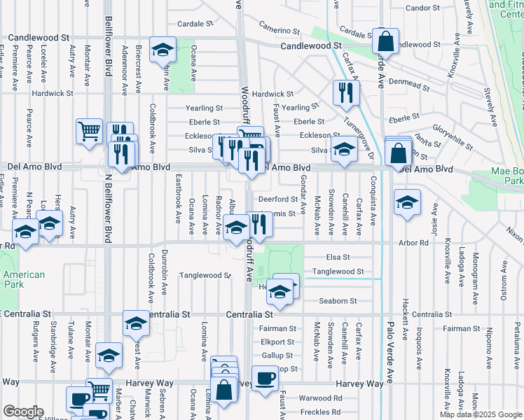 map of restaurants, bars, coffee shops, grocery stores, and more near 5913 Loomis Street in Lakewood