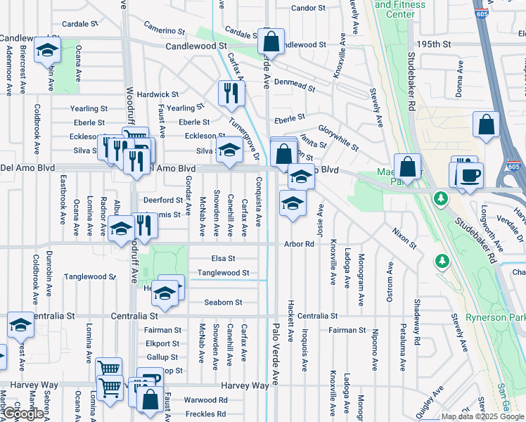 map of restaurants, bars, coffee shops, grocery stores, and more near 4756 Conquista Avenue in Lakewood