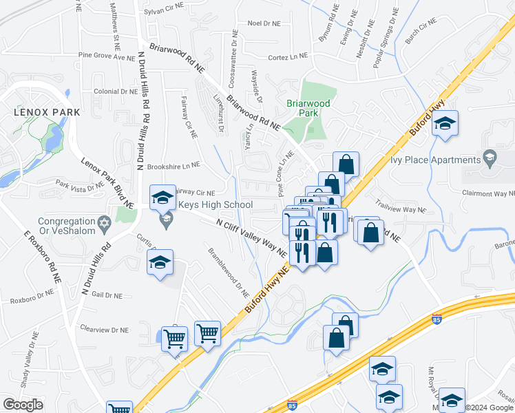 map of restaurants, bars, coffee shops, grocery stores, and more near 2069 Coosawattee Drive Northeast in Atlanta