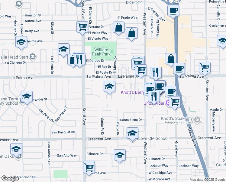 map of restaurants, bars, coffee shops, grocery stores, and more near 8178 Santa Inez Drive in Buena Park