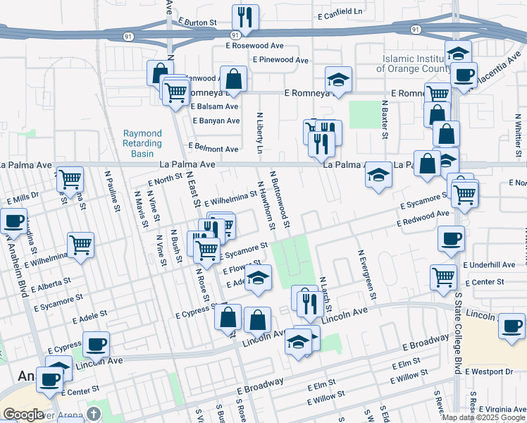 map of restaurants, bars, coffee shops, grocery stores, and more near 615 North Hawthorne Street in Anaheim