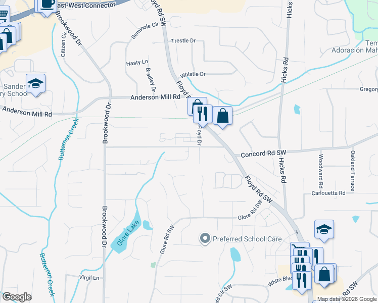 map of restaurants, bars, coffee shops, grocery stores, and more near 1118 Hibiscus Way Southwest in Mableton