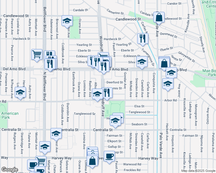map of restaurants, bars, coffee shops, grocery stores, and more near 5913 Loomis Street in Lakewood