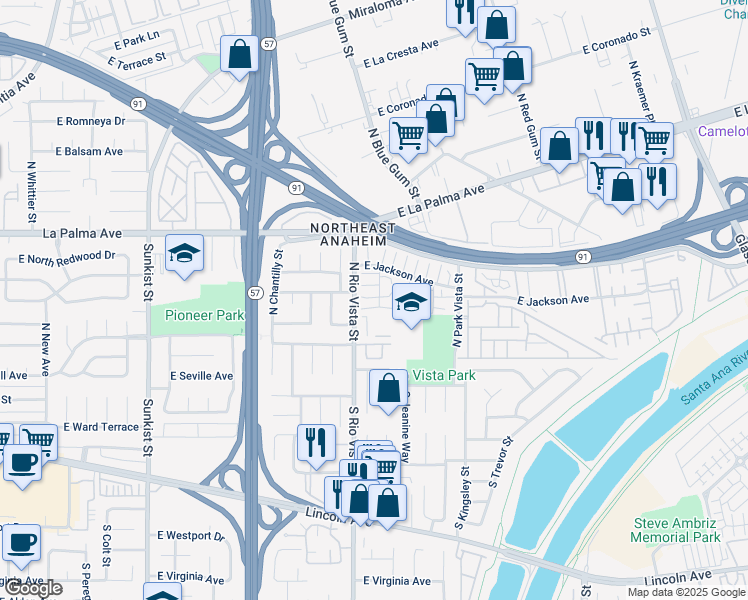 map of restaurants, bars, coffee shops, grocery stores, and more near 400 North Rio Vista Street in Anaheim