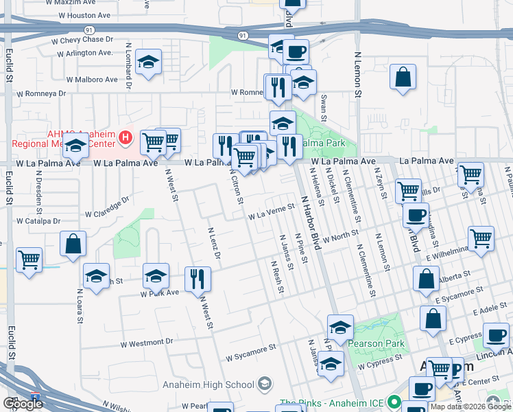 map of restaurants, bars, coffee shops, grocery stores, and more near 610 West La Verne Street in Anaheim
