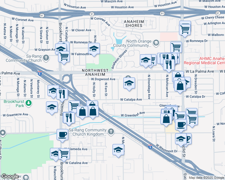 map of restaurants, bars, coffee shops, grocery stores, and more near 915 North Keystone Street in Anaheim