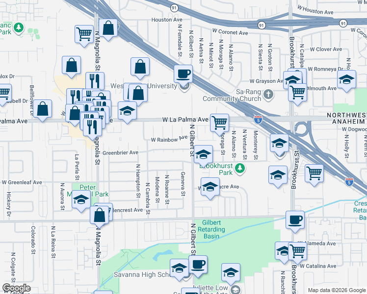 map of restaurants, bars, coffee shops, grocery stores, and more near 929 North Duke Place in Anaheim