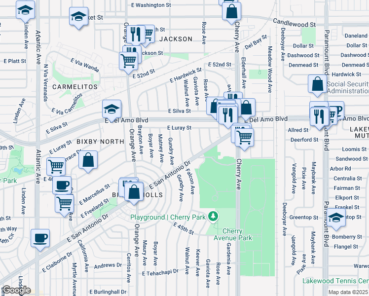 map of restaurants, bars, coffee shops, grocery stores, and more near 4702 Walnut Avenue in Long Beach