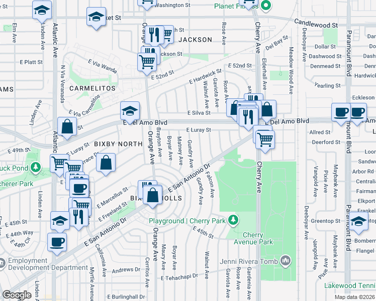 map of restaurants, bars, coffee shops, grocery stores, and more near 4742 Gundry Avenue in Long Beach