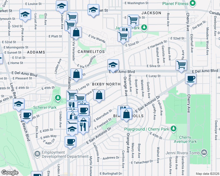 map of restaurants, bars, coffee shops, grocery stores, and more near 1112 East Ridgewood Street in Long Beach