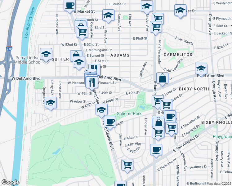 map of restaurants, bars, coffee shops, grocery stores, and more near 238 East 49th Street in Long Beach
