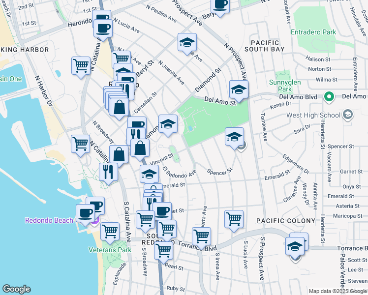 map of restaurants, bars, coffee shops, grocery stores, and more near 502 El Redondo Avenue in Redondo Beach