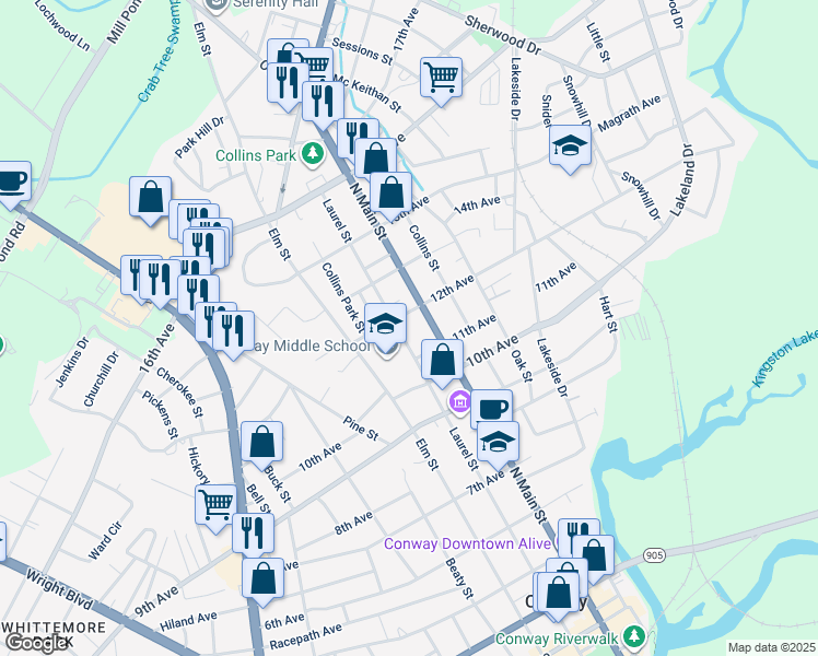 map of restaurants, bars, coffee shops, grocery stores, and more near 1103 North Main Street in Conway