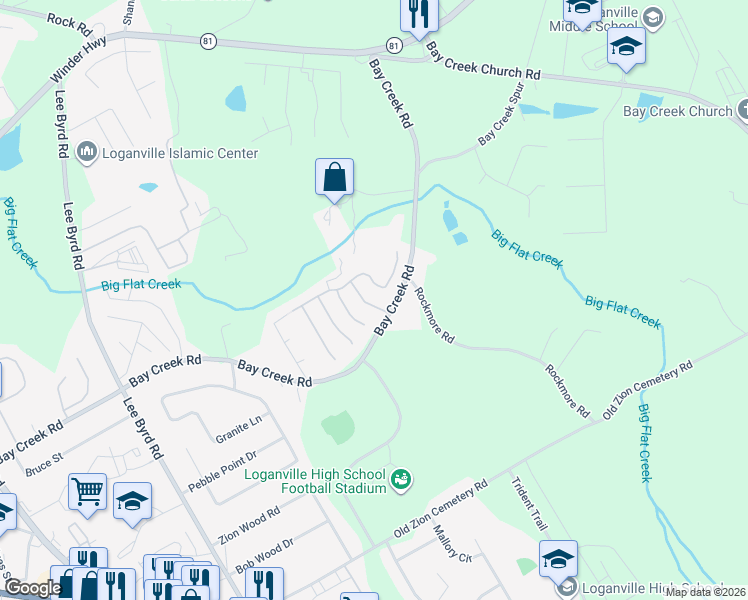 map of restaurants, bars, coffee shops, grocery stores, and more near 805 Golden Isles Drive in Loganville