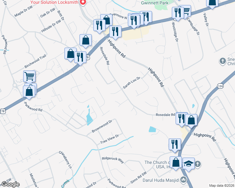 map of restaurants, bars, coffee shops, grocery stores, and more near 3264 Sarah Lou Drive in Snellville