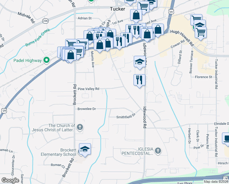 map of restaurants, bars, coffee shops, grocery stores, and more near 4182 Theresa Court in Tucker