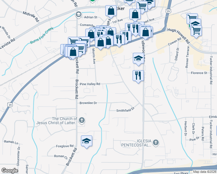 map of restaurants, bars, coffee shops, grocery stores, and more near 4127 Pine Valley Road in Tucker