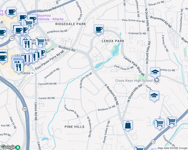 map of restaurants, bars, coffee shops, grocery stores, and more near 2110 East Roxboro Road Northeast in Atlanta