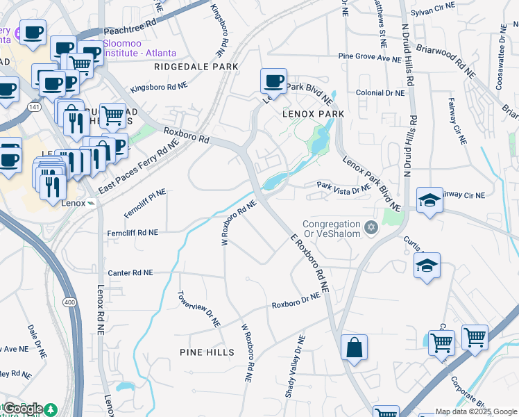map of restaurants, bars, coffee shops, grocery stores, and more near 3310 East Roxboro Road Northeast in Atlanta